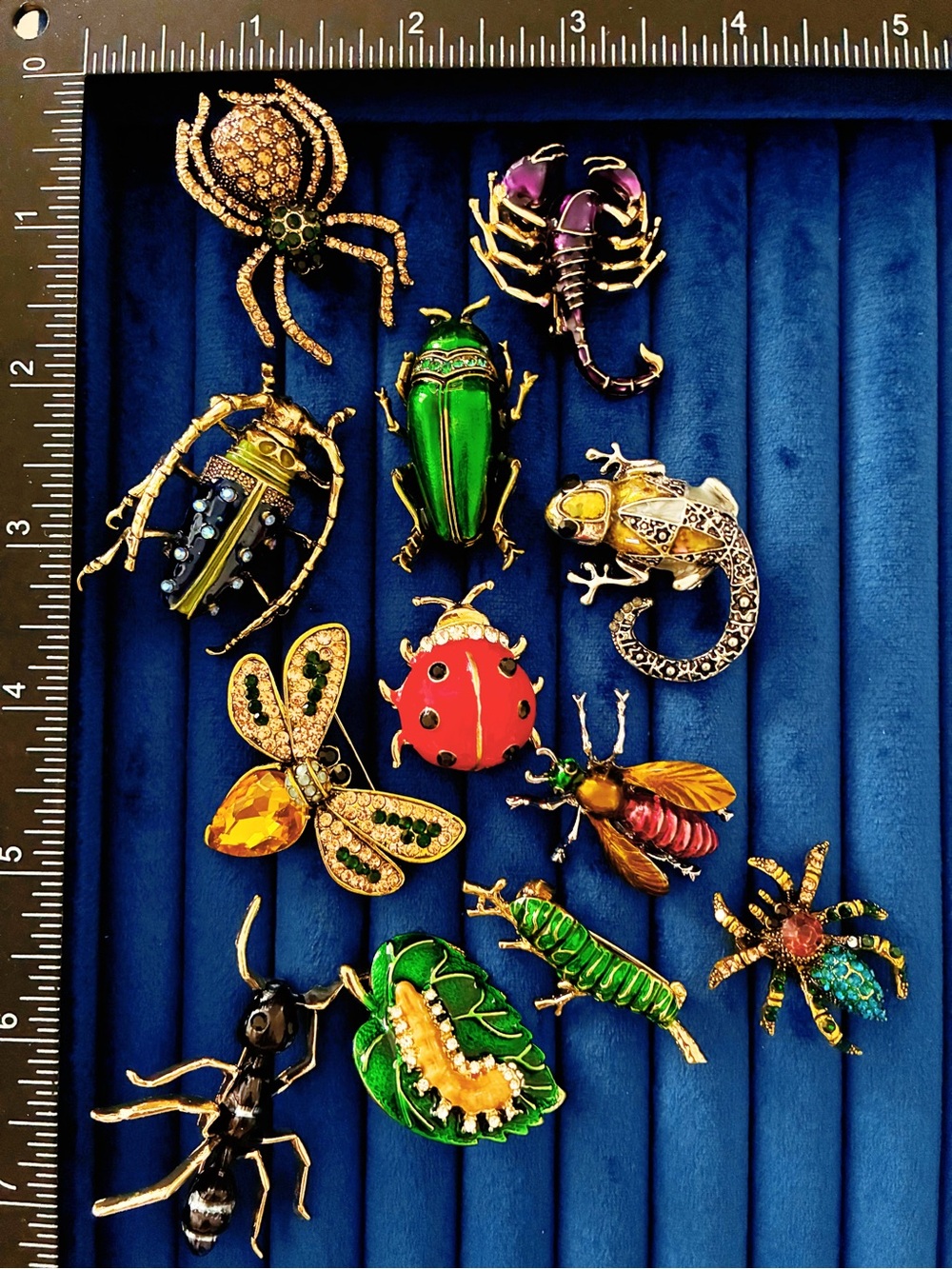 Lot of 12 Bug Insect Brooches Rhinestone Enamel Beetle Spider Ant Lizard Set